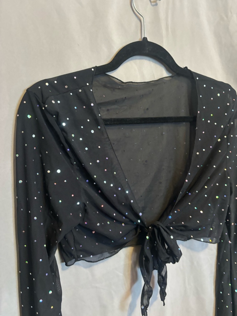 Black Sheer Tie-Front Crop Top with Iridescent Dots gems sparkly raveware club - Picture 2 of 7